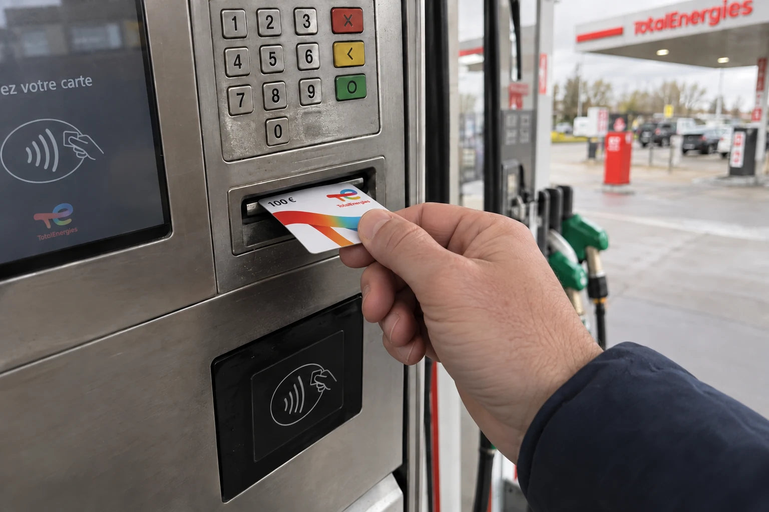 Mise en situation : une main présente une carte TotalEnergies au lecteur de la station